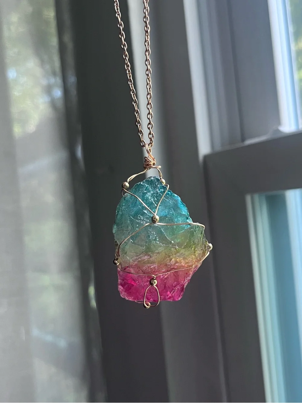 DYED QUARTZ raw cut wire wrapped natural stone pendant necklace gold chain NEW